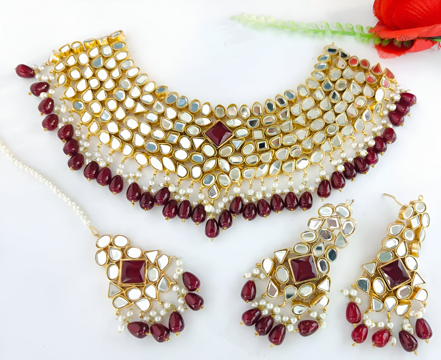 Regal Gold-plated Emerald Green & Gold Bridal Kundan Choker Set with Maang Tikka (Made to Order)