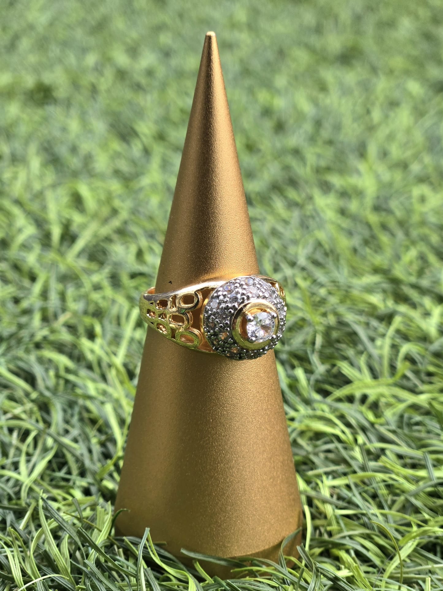 Antique Halo Ring | CZ Cluster Gold-Tone Statement Ring