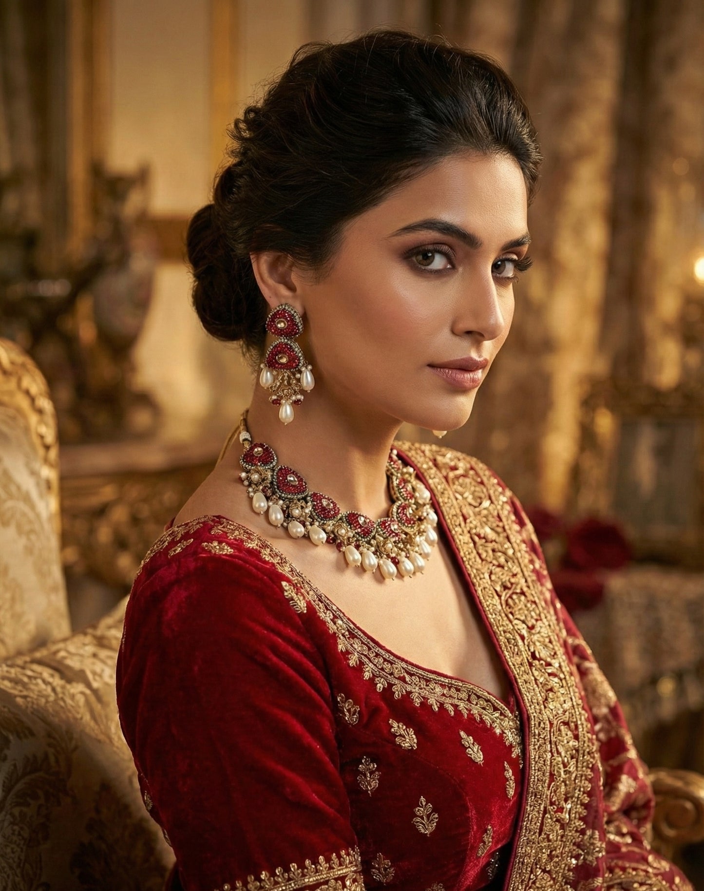 Queen's Heirloom | Ruby Red 3D Crystal & Pearl Antique Gold Necklace Set (Gold-plated)