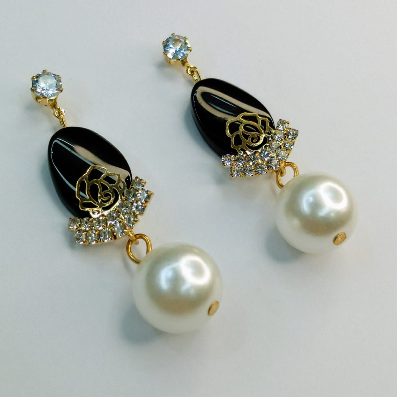 Black Oval, Gold Rose & Faux Pearl Drop Earrings