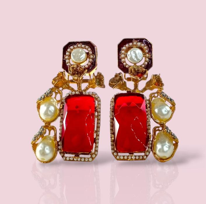 The Nizam Polki Window Drops | Rectangular Stone & Baroque Pearl Accents