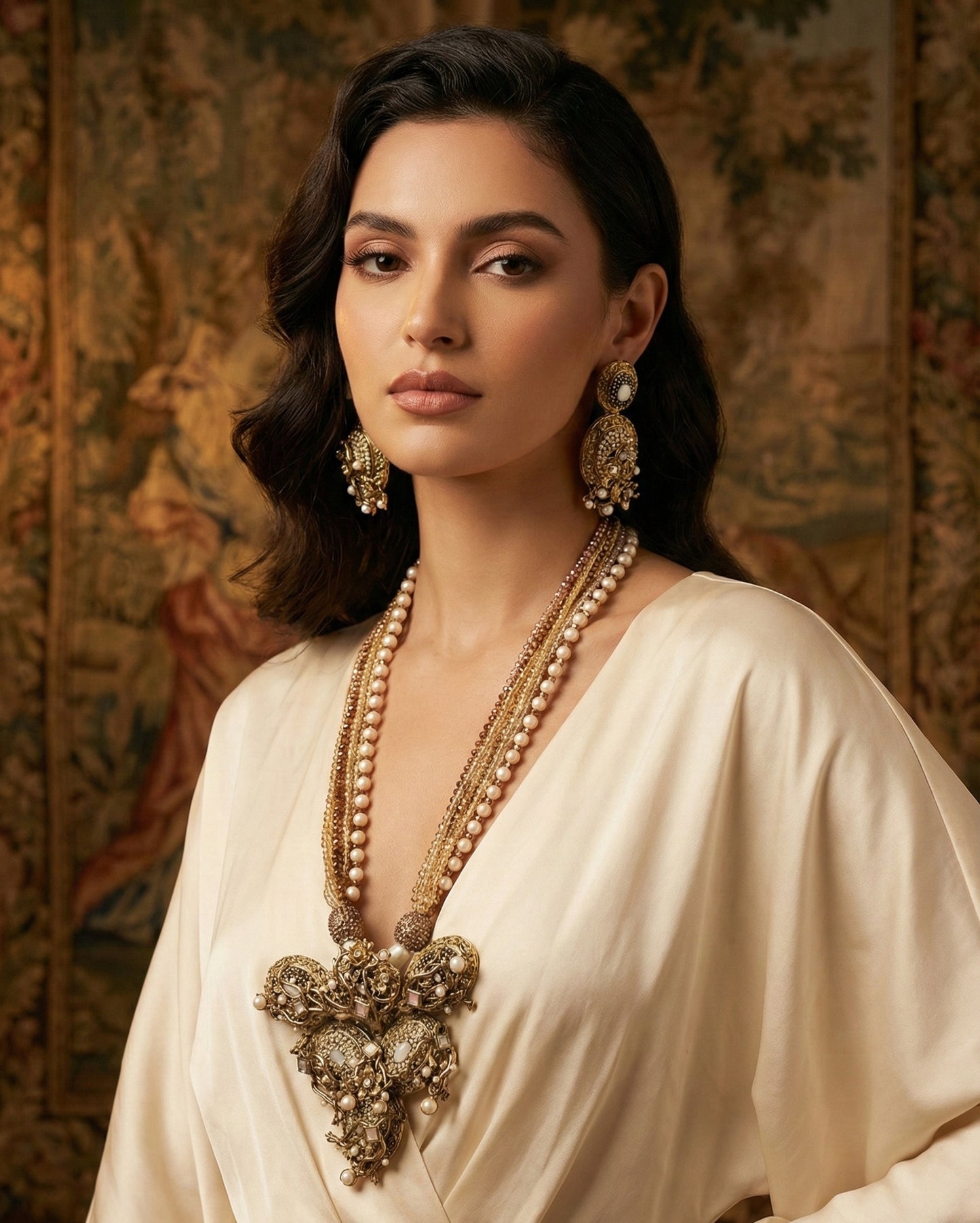 Mehar Mahal | Champagne Gold Crystal & Mothe of Pearl Long Mala Set (Gold-plated)