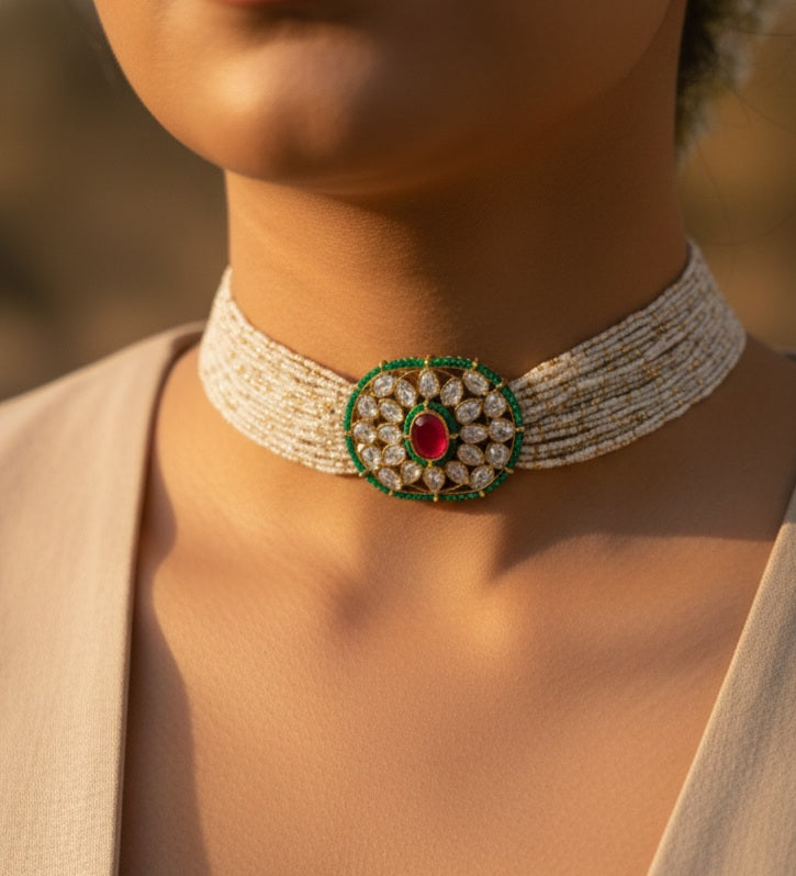 Ruby Green Moissanite Polki Choker Set