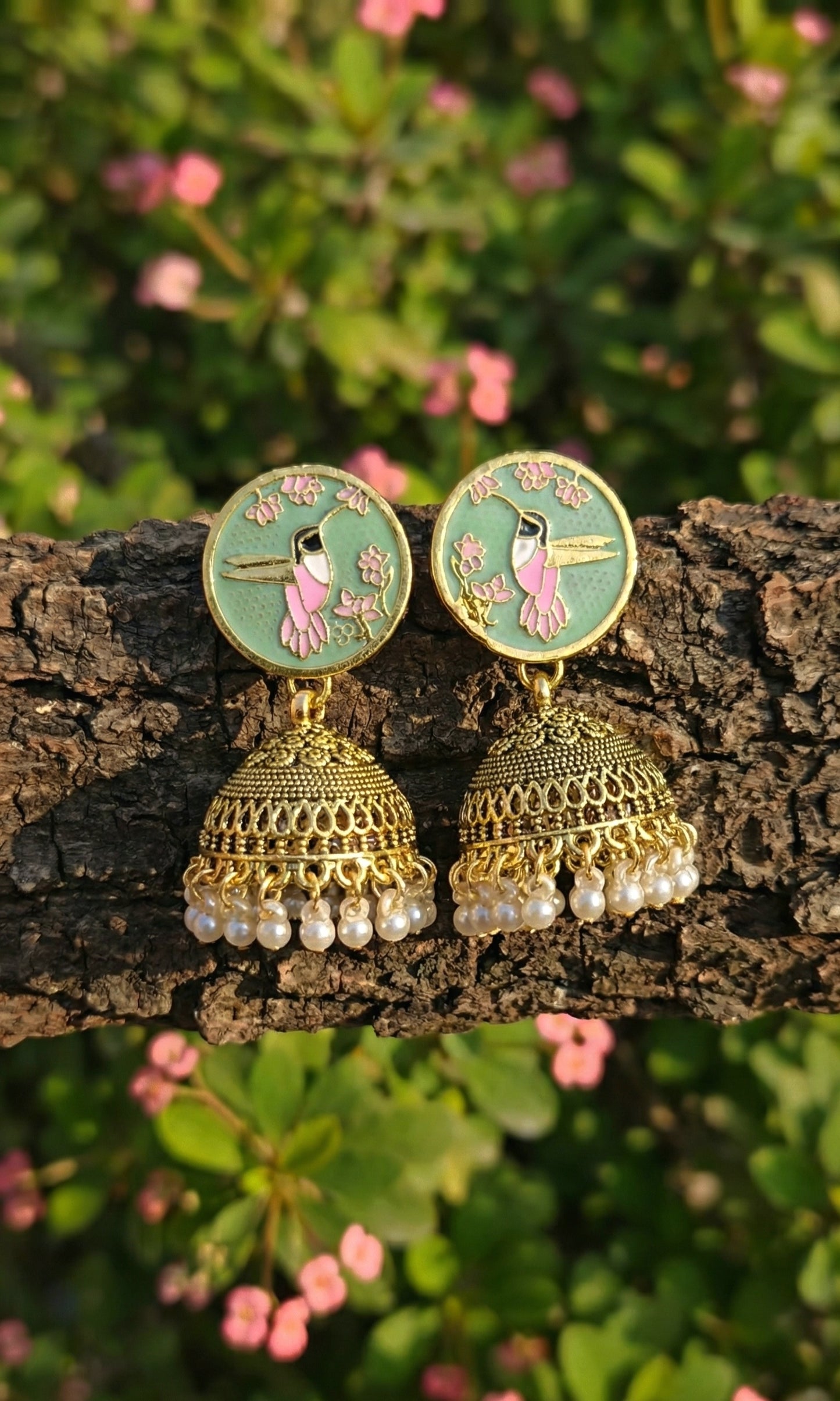 The Hummingbird Jhumka | Enameled Antique Drop Earrings