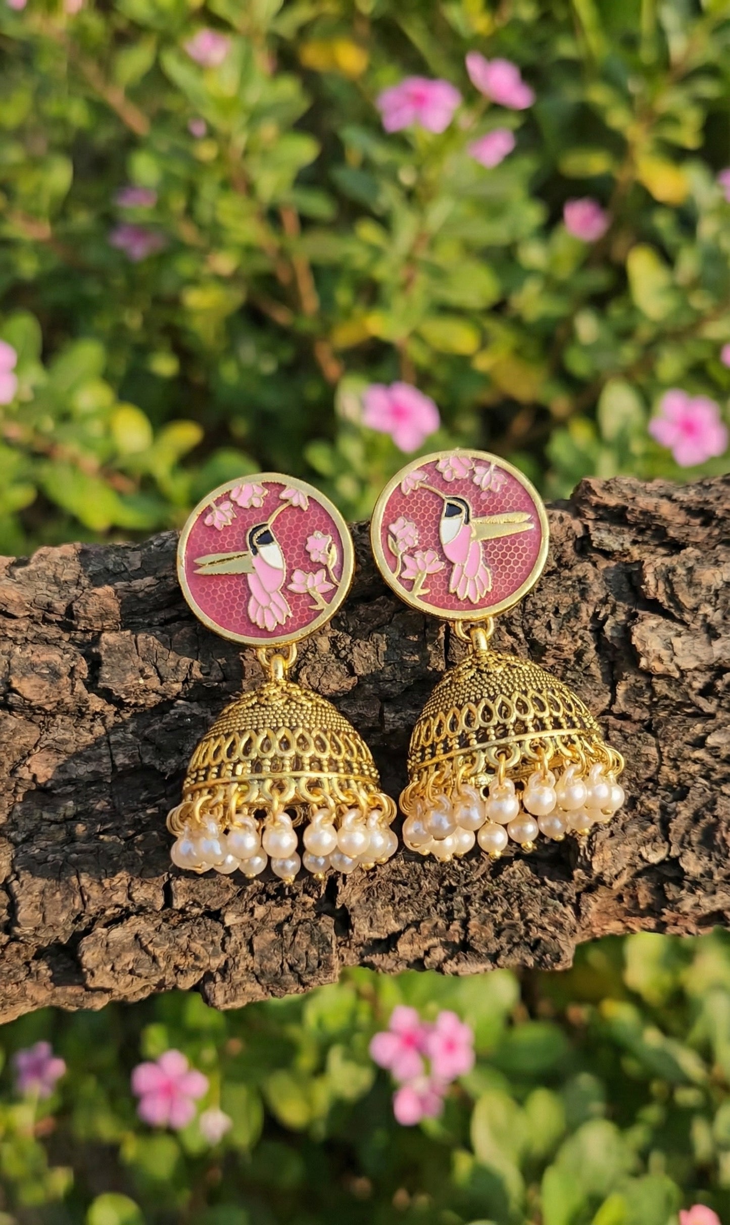 The Hummingbird Jhumka | Enameled Antique Drop Earrings