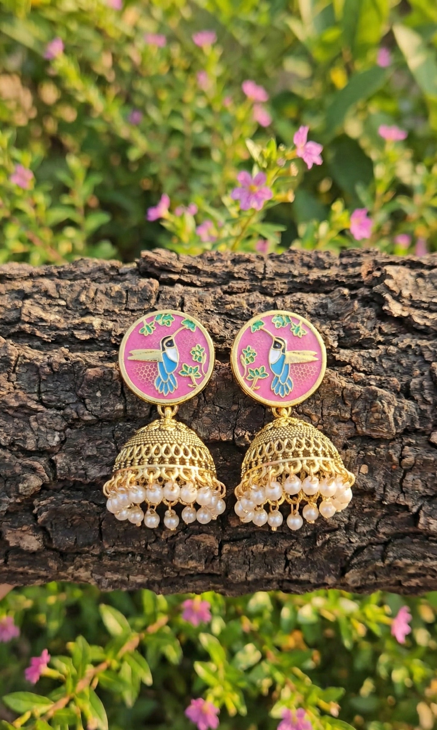 The Hummingbird Jhumka | Enameled Antique Drop Earrings