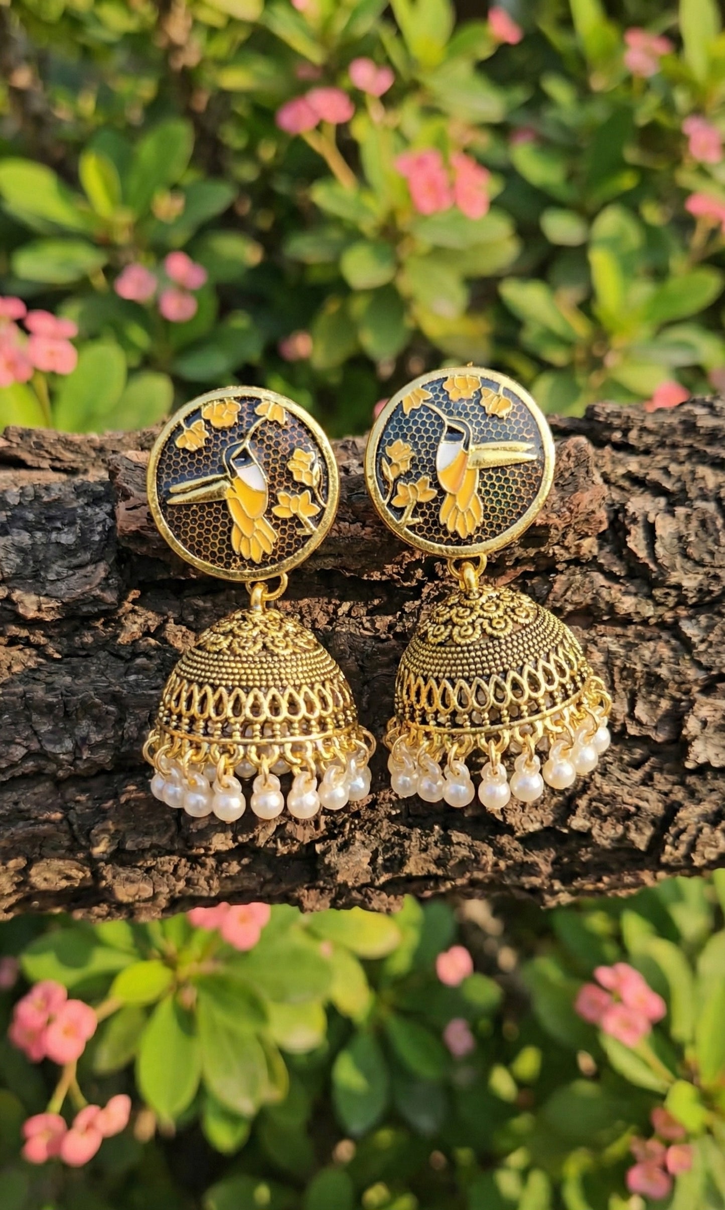 The Hummingbird Jhumka | Enameled Antique Drop Earrings
