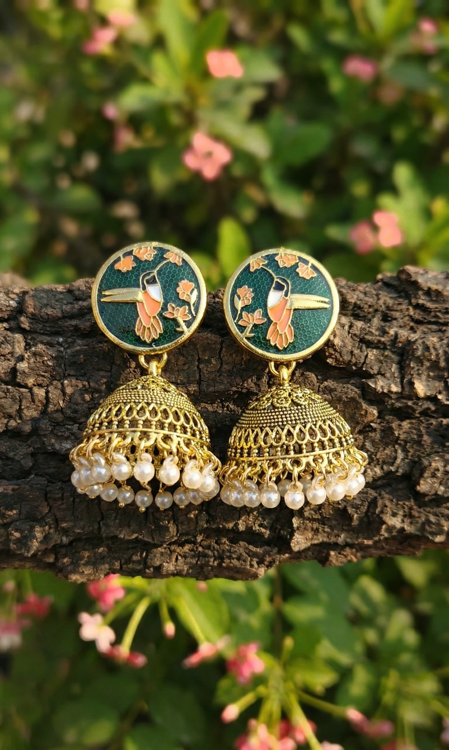 The Hummingbird Jhumka | Enameled Antique Drop Earrings