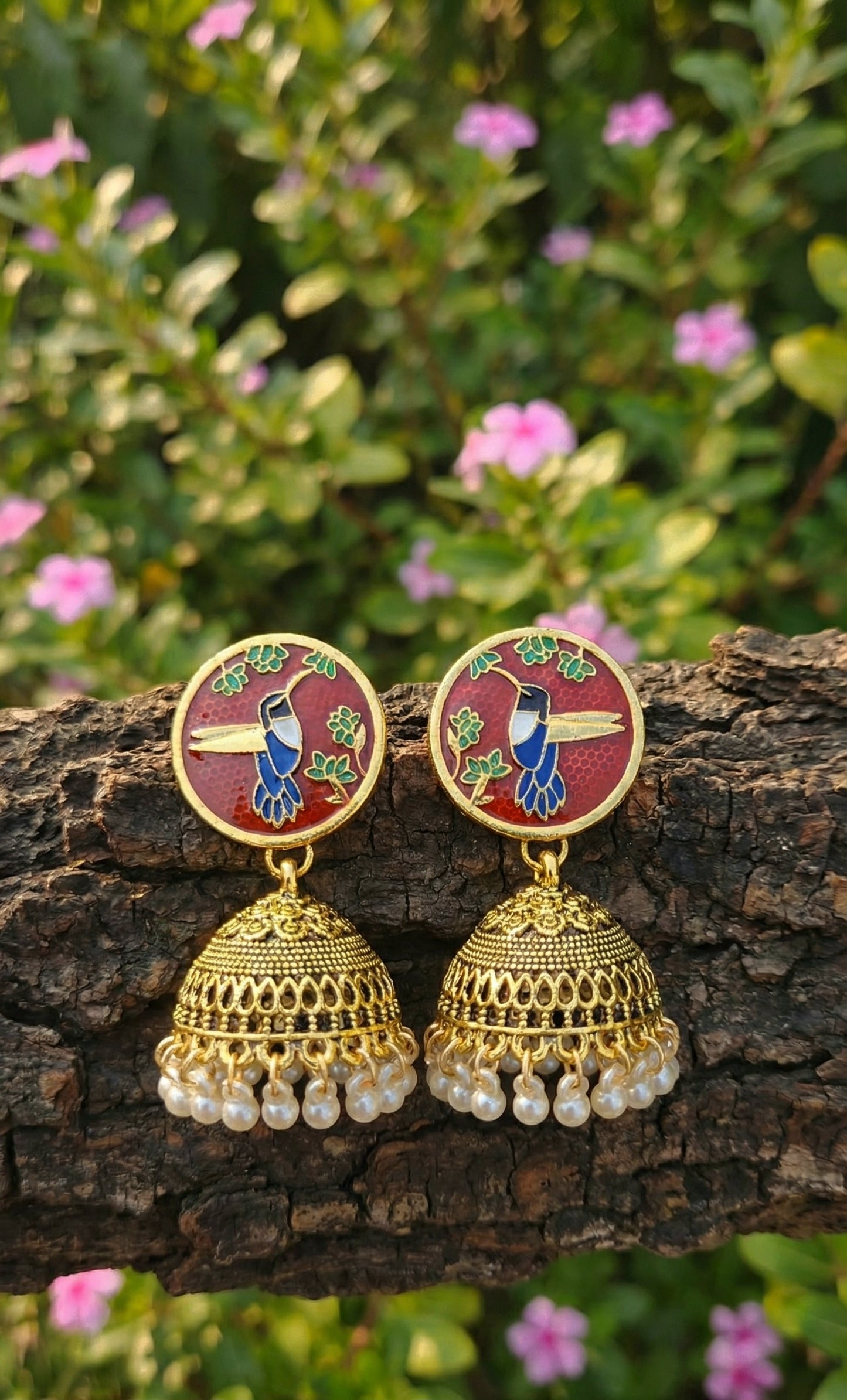 The Hummingbird Jhumka | Enameled Antique Drop Earrings