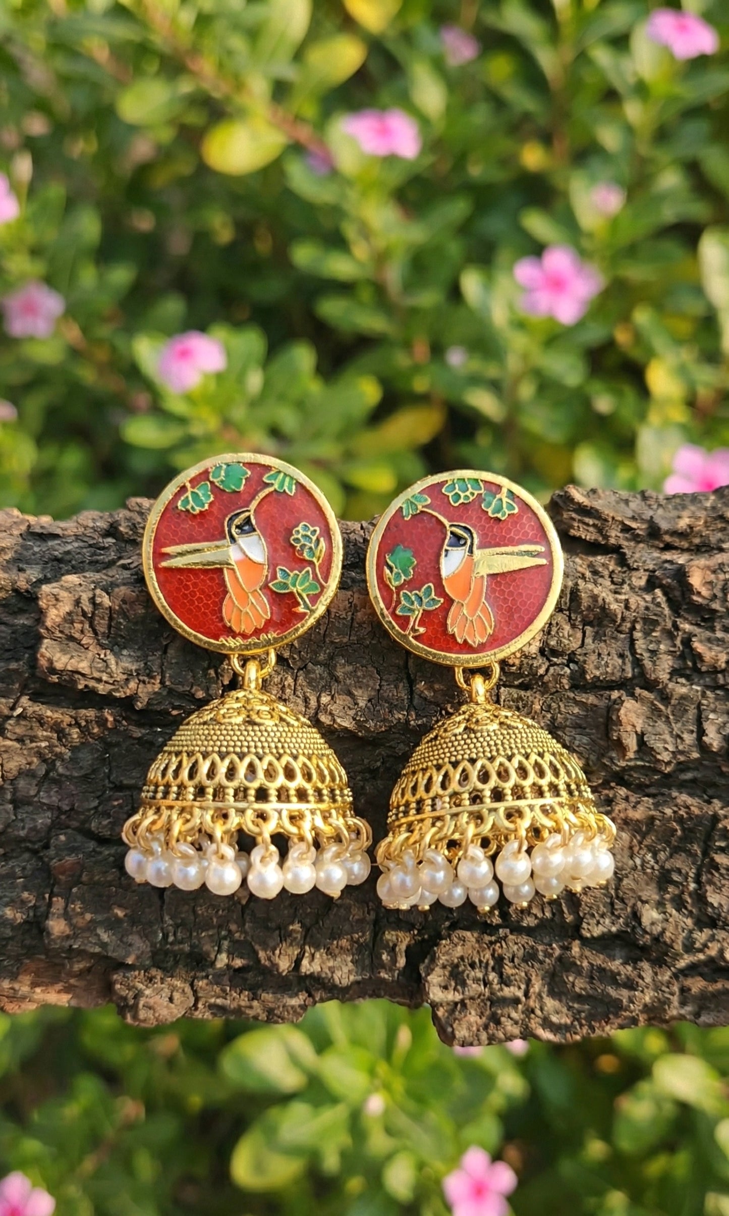 The Hummingbird Jhumka | Enameled Antique Drop Earrings