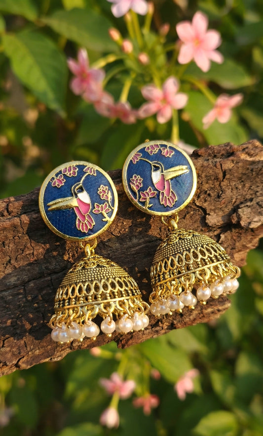 The Hummingbird Jhumka | Enameled Antique Drop Earrings