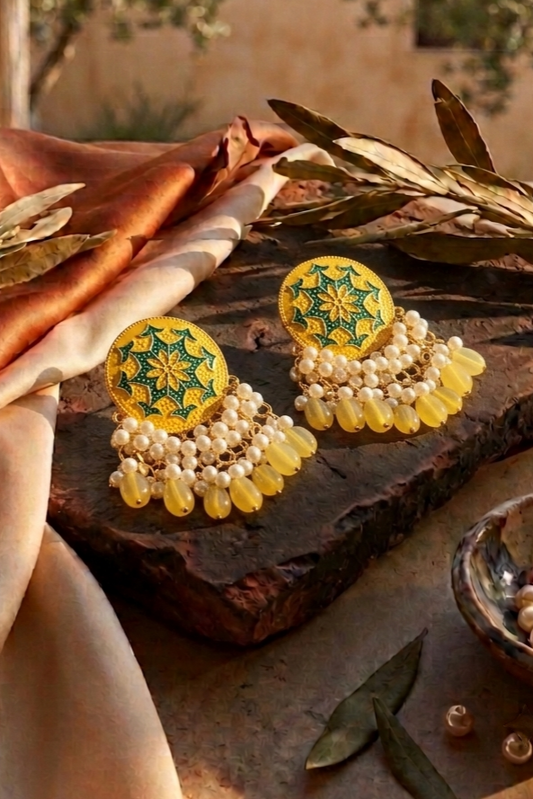 Enamel Bloom Jhumkas | Intricate Pearl Drop Earrings in Vibrant Colors