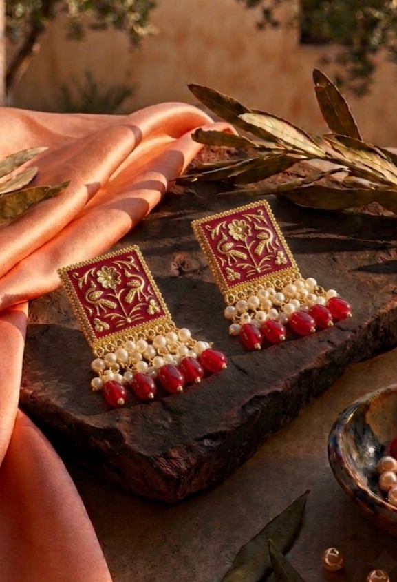 Mughal Charm | Square Enamel Jhumka Drop Earrings
