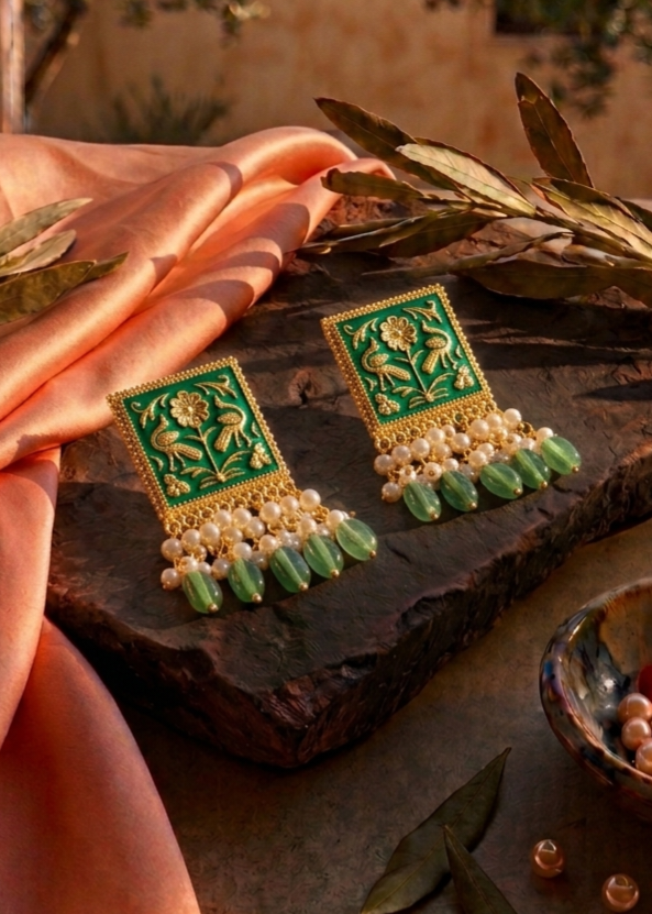 Mughal Charm | Square Enamel Jhumka Drop Earrings