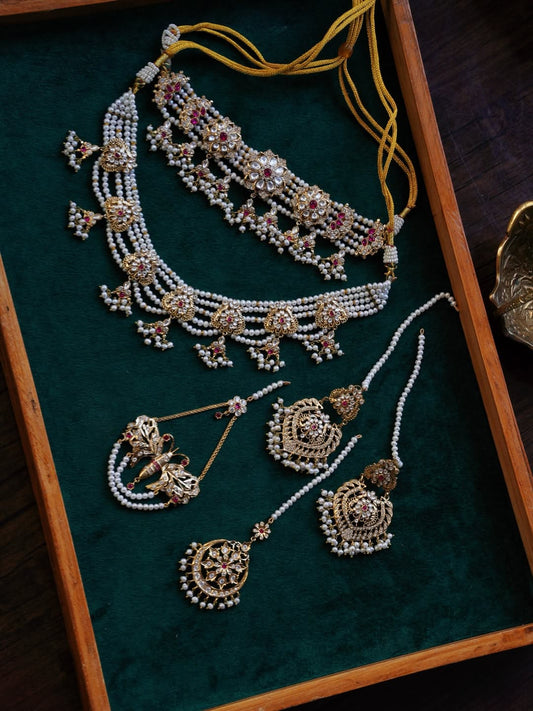 Nazaakat Gold-plated Ruby and Real Pearls Jadau Bridal Set