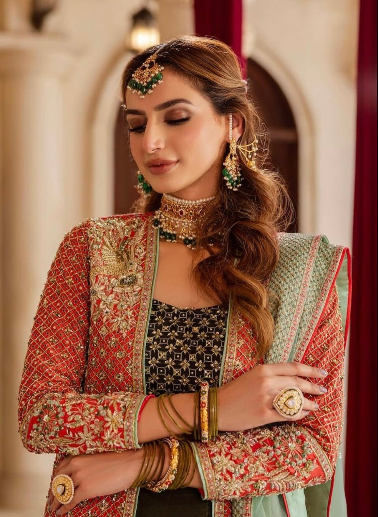 Nizami Pearl Choker and Emerald Green Beaded Bridal Jewellery Set