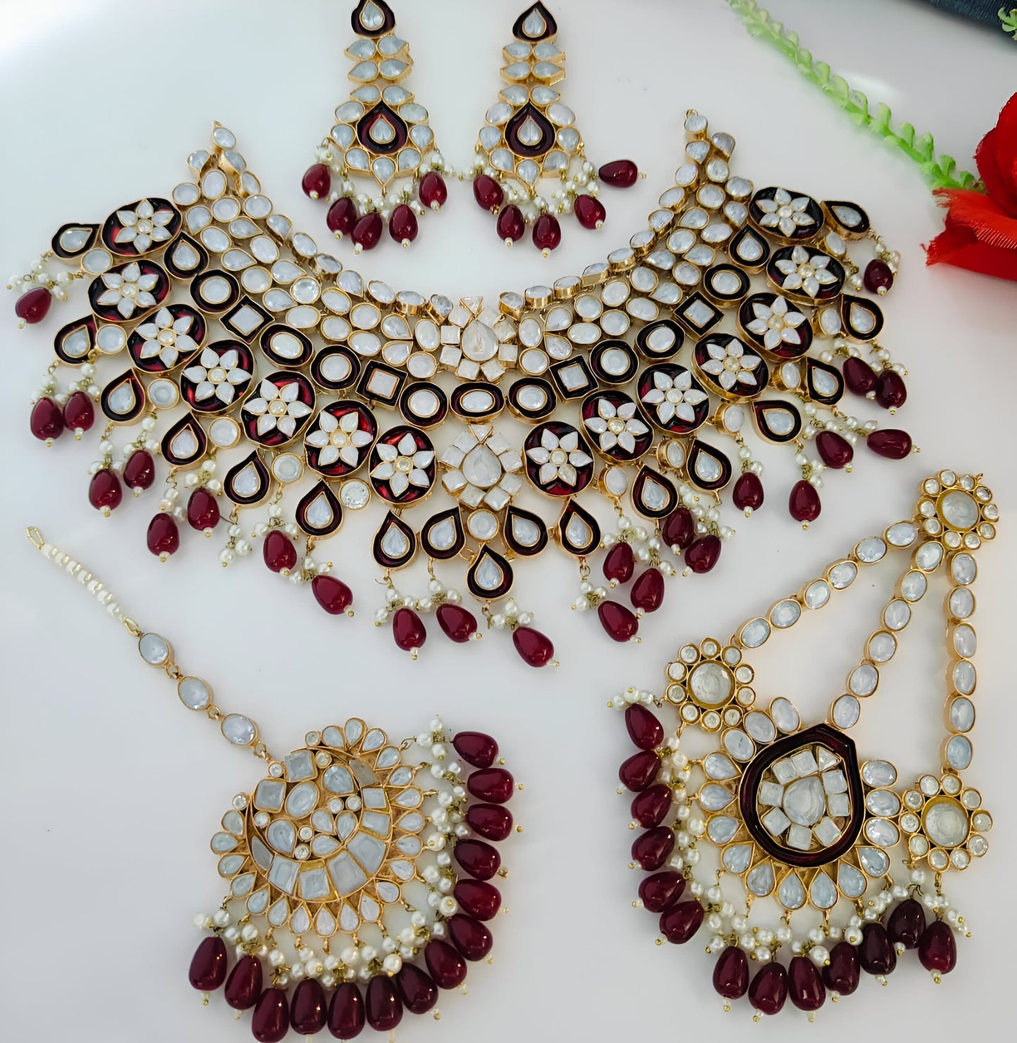 Noor-e-Khaas Gold-plated  Polki Bridal Choker Set with Pearl Drops