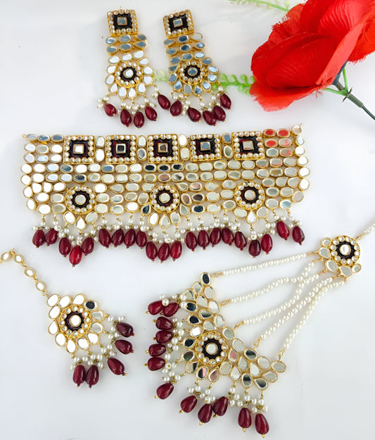 Gold-plated Maroon Kundan Bridal Choker Set (Made to Order)