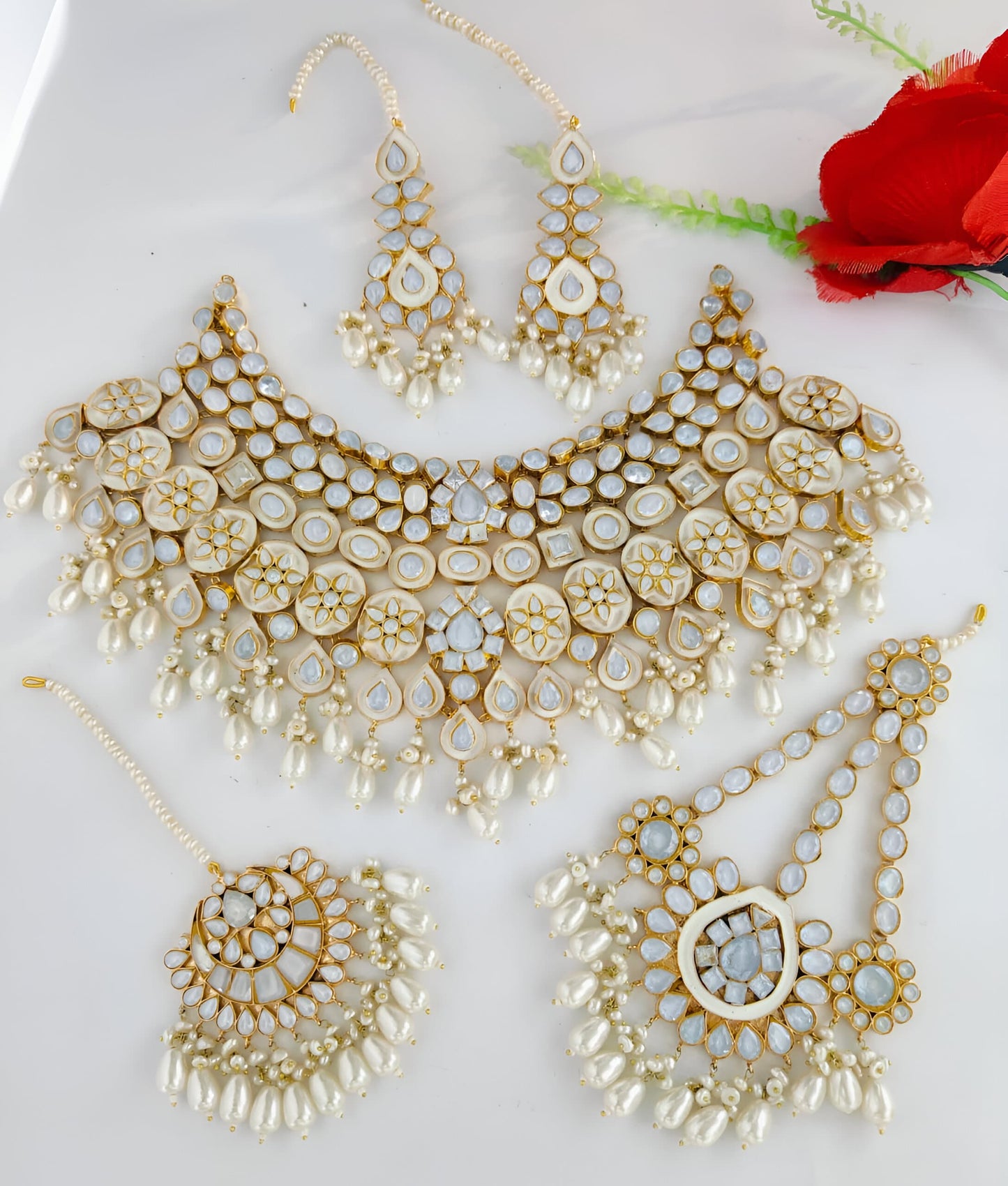 Noor-e-Khaas Gold-plated  Polki Bridal Choker Set with Pearl Drops