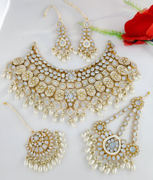 Royal Ivory Gold-plated  Polki Bridal Choker Set with Pearl Drops