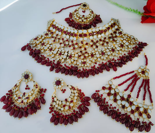Gold-plated Maroon and Gold Floral Polki Bridal Necklace Set (Made to Order)
