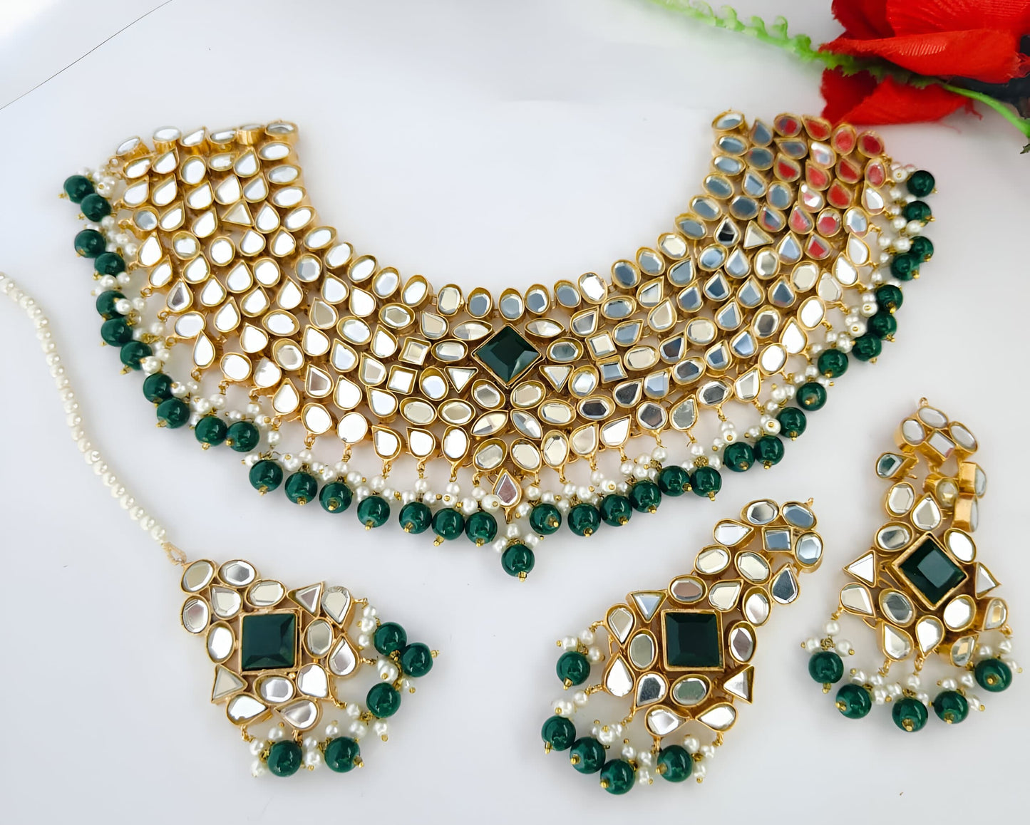 Regal Gold-plated Emerald Green & Gold Bridal Kundan Choker Set with Maang Tikka (Made to Order)