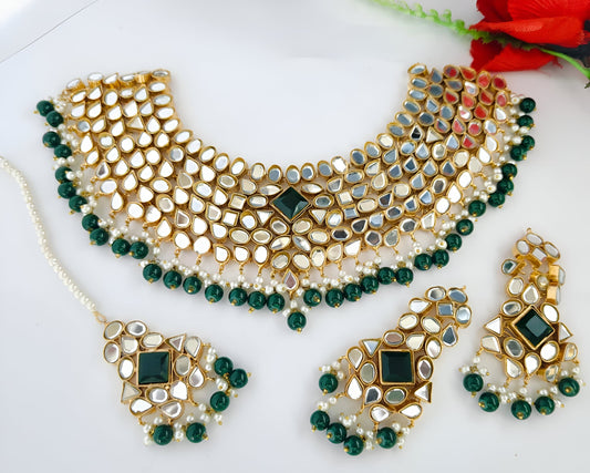 Gold-plated Regal Emerald Green & Gold Bridal Kundan Choker Set with Maang Tikka (Made to Order)