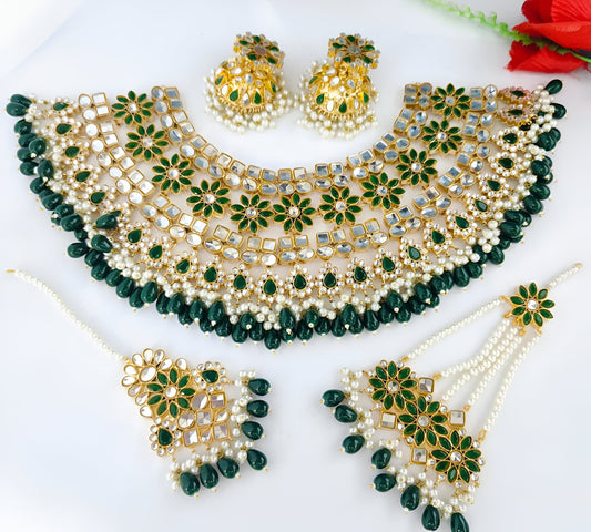 Zamrud Floral Gold-plated Polki Kundan Bridal Necklace Set (Made to Order)