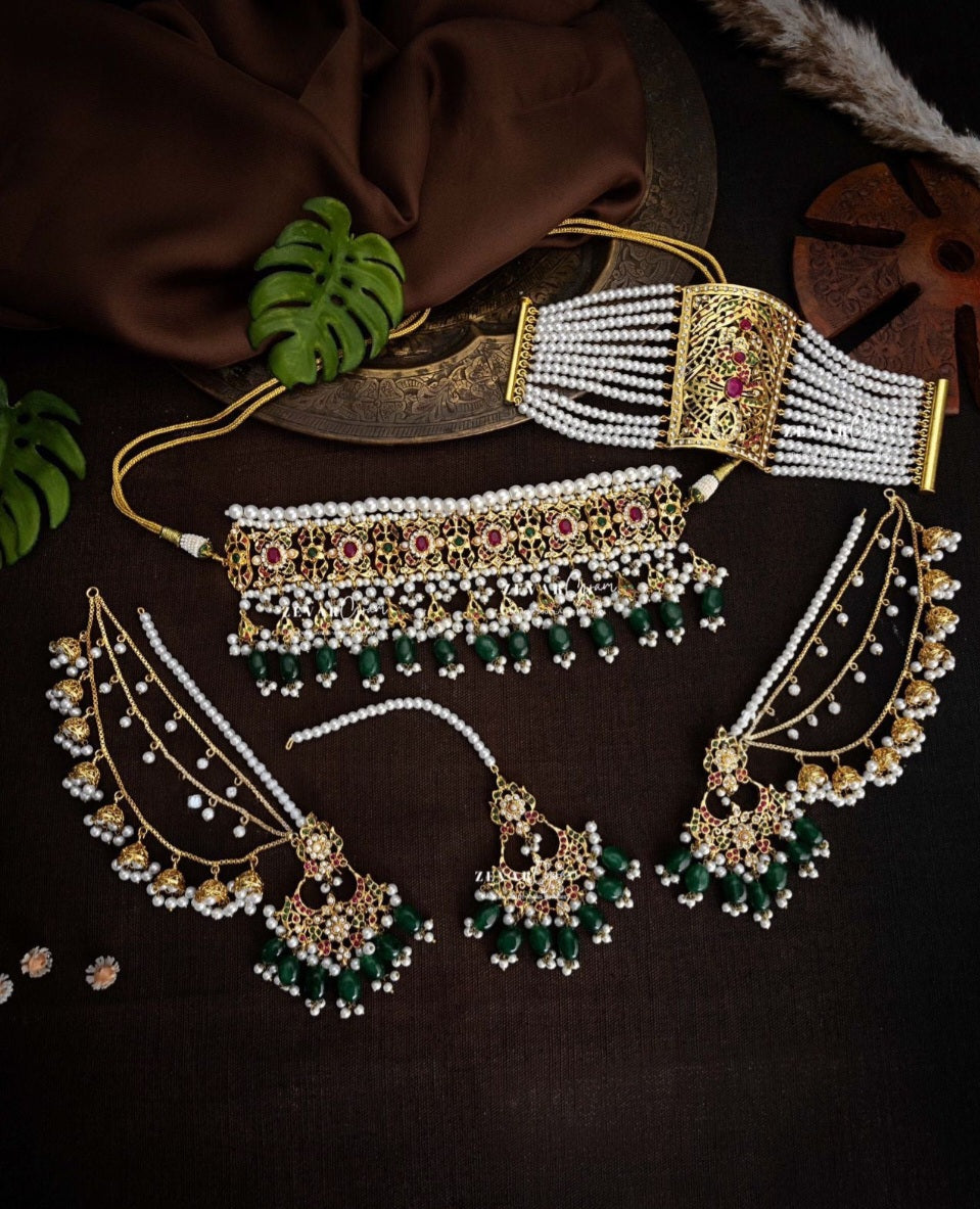 Nizami Pearl Choker and Emerald Green Beaded Bridal Jewellery Set