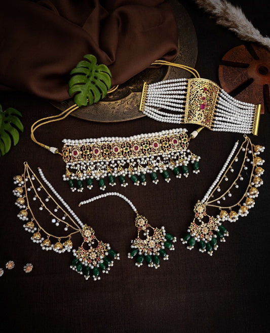 Nizami Pearl Choker and Emerald Green Beaded Bridal Jewellery Set