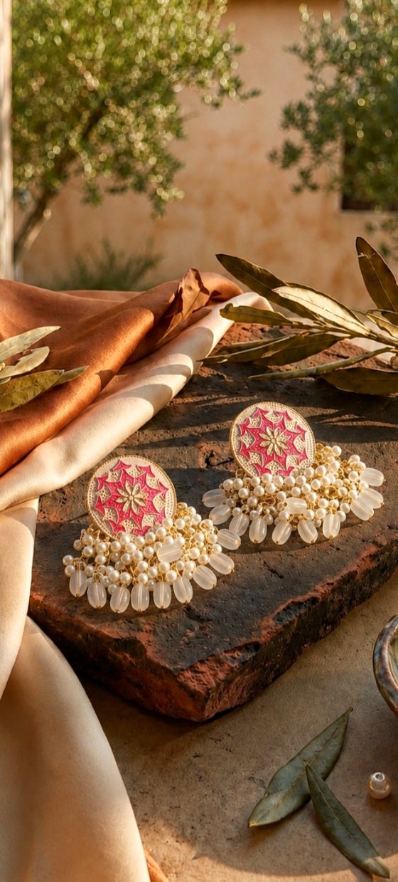 Enamel Bloom Jhumkas | Intricate Pearl Drop Earrings in Vibrant Colors