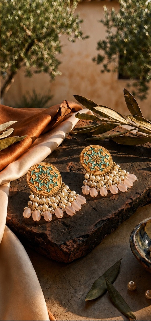 Enamel Bloom Jhumkas | Intricate Pearl Drop Earrings in Vibrant Colors