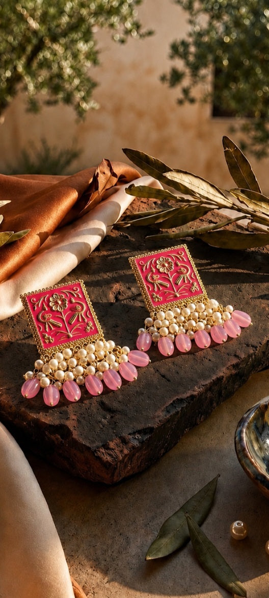 Mughal Charm | Square Enamel Jhumka Drop Earrings