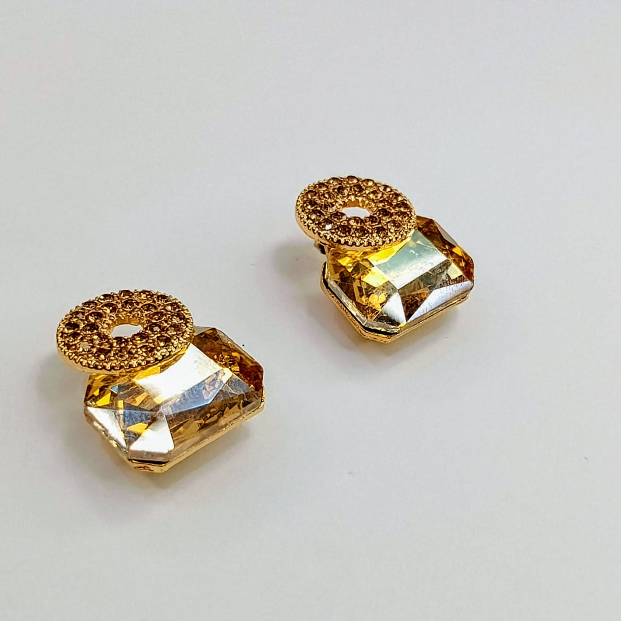 The Geometric Amber Studs | Textured Disc & Oversized Crystal