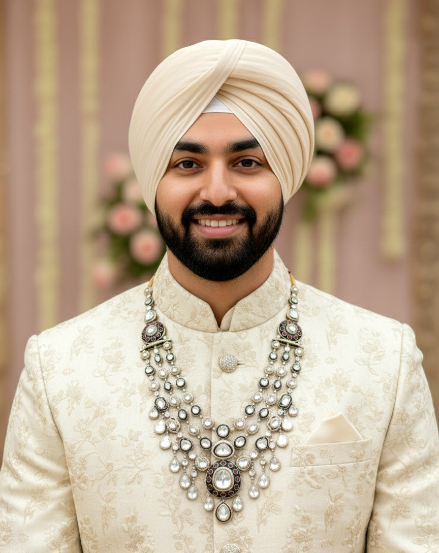 Noor-ul-Ain Three Layered Moissanite Polki Long Bridal Necklace Set