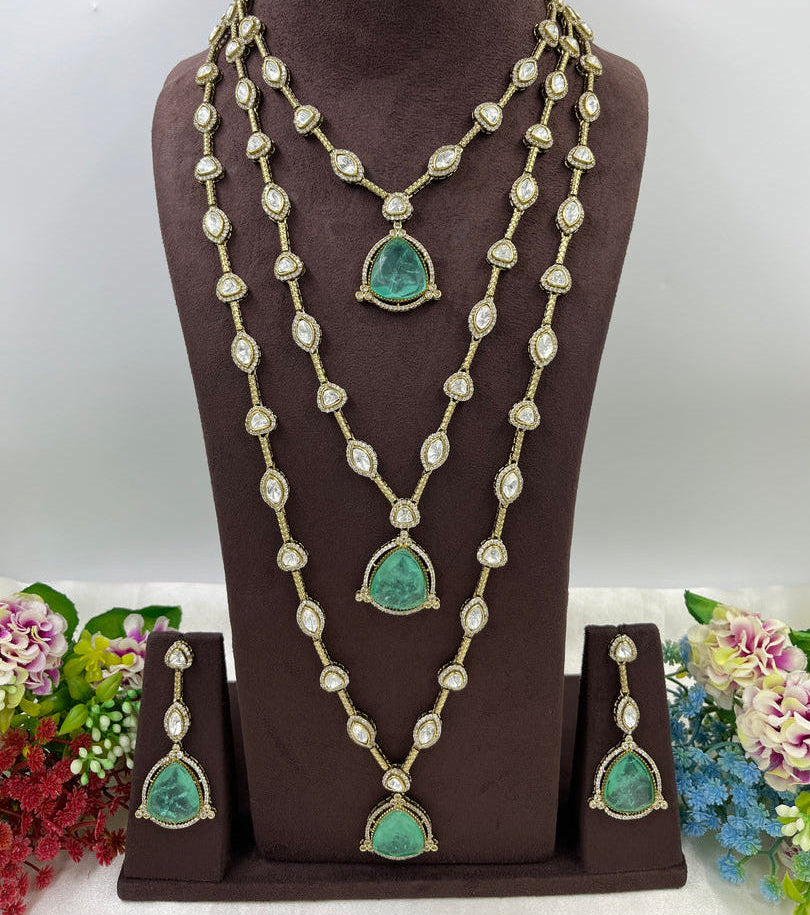 Majestic Maharani Moissanite Polki and Emerald Victorian Three Layered Necklace Set (Made to Order)