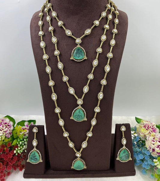 Majestic Maharani Moissanite Polki and Emerald Victorian Three Layered Necklace Set (Made to Order)