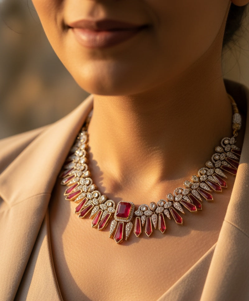 Ruby Red Doublet and Moissanite Necklace set