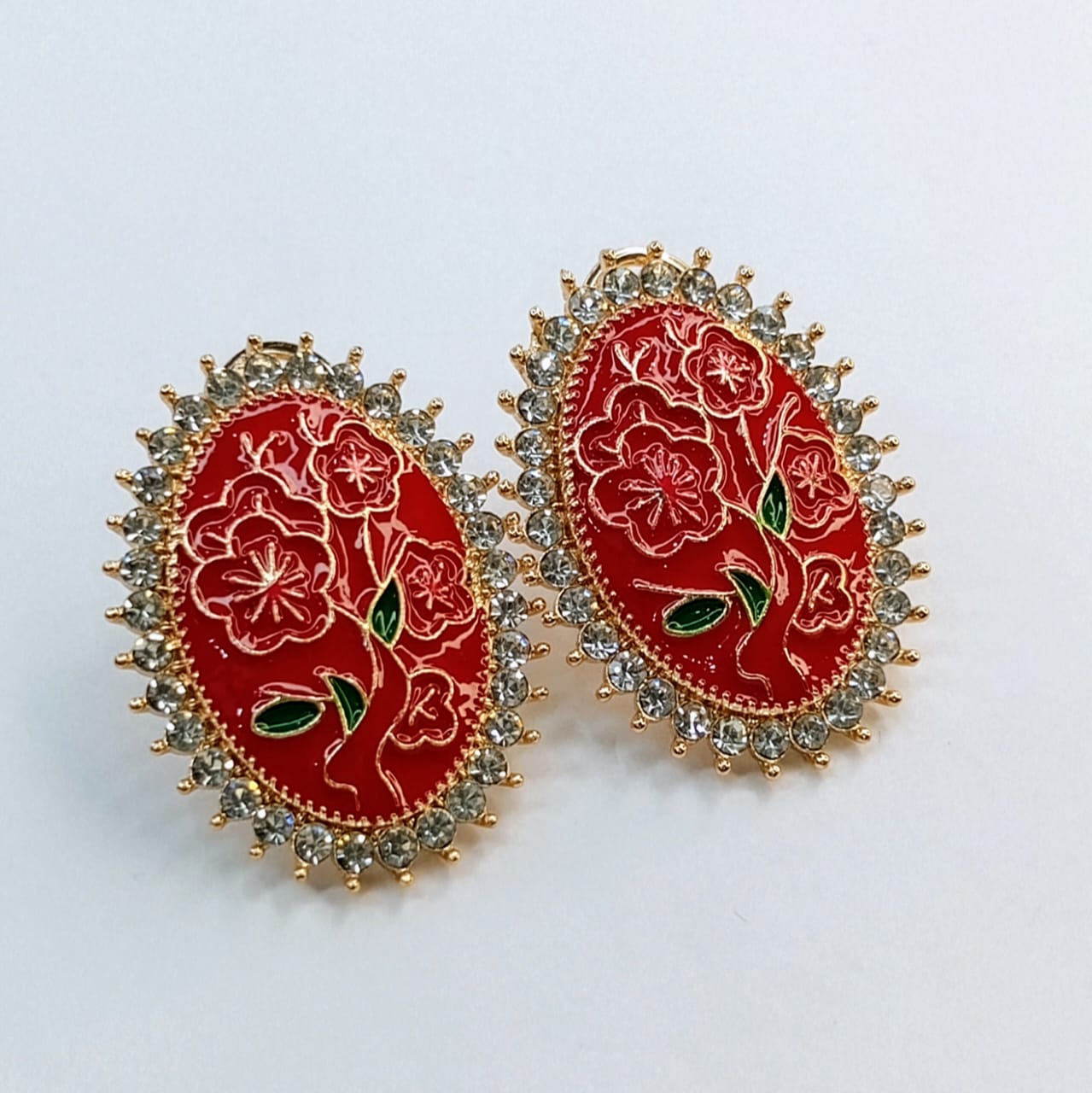 The Regal Enamel Bloom Studs | Oval Meenakari & Crystal Halo