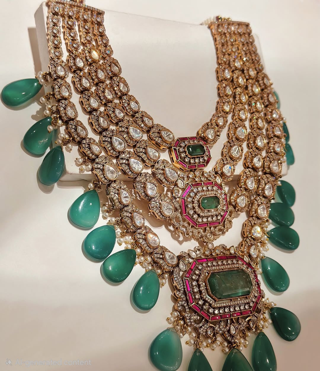 Saltanat Emerald Doublet and Ruby Four Layered Moissanite Necklace Set