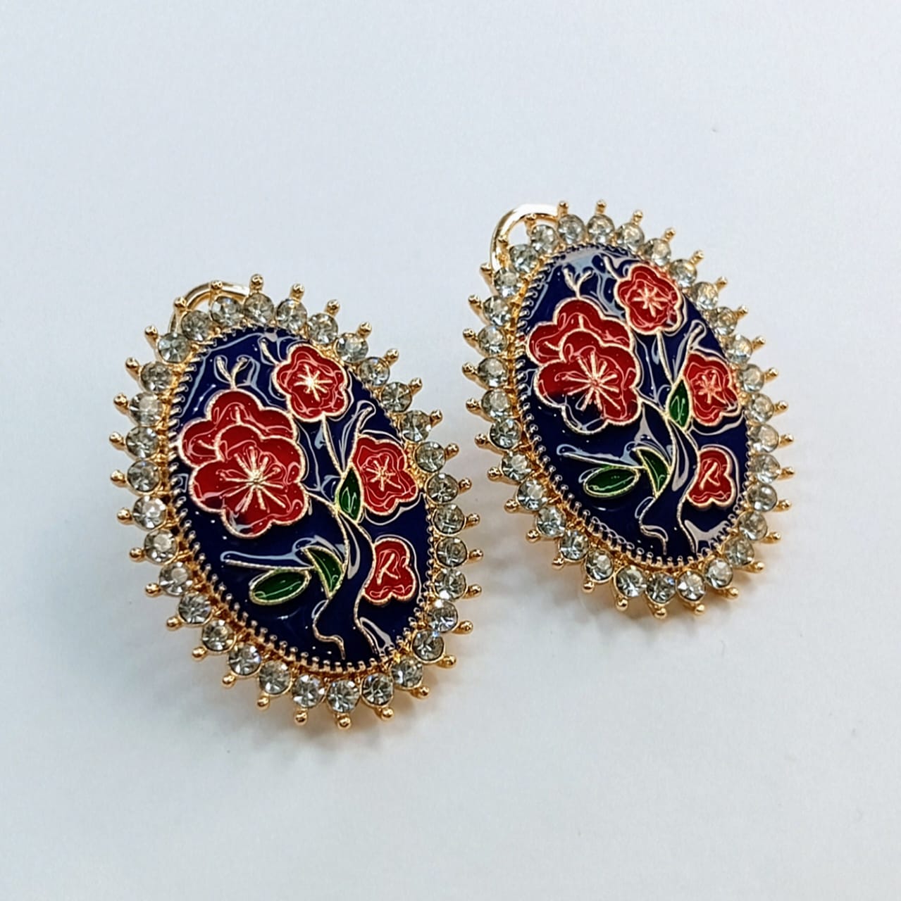 The Regal Enamel Bloom Studs | Oval Meenakari & Crystal Halo