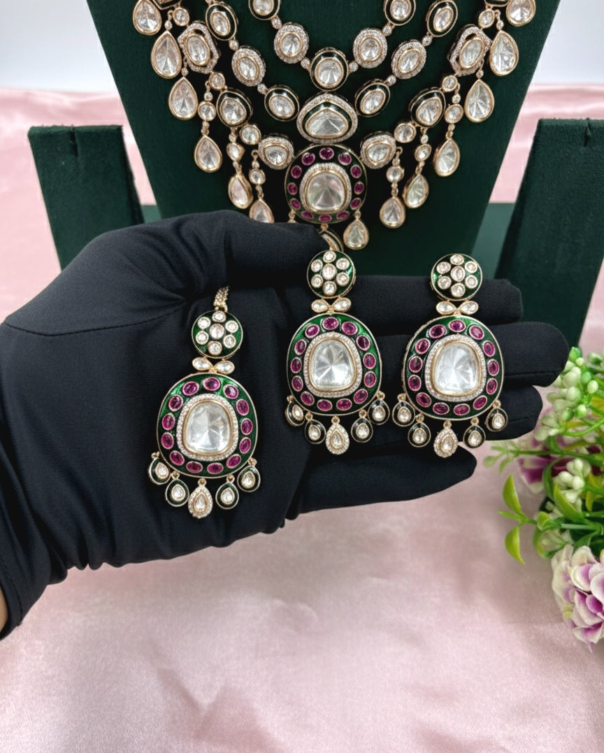 Noor-ul-Ain Three Layered Moissanite Polki Long Bridal Necklace Set