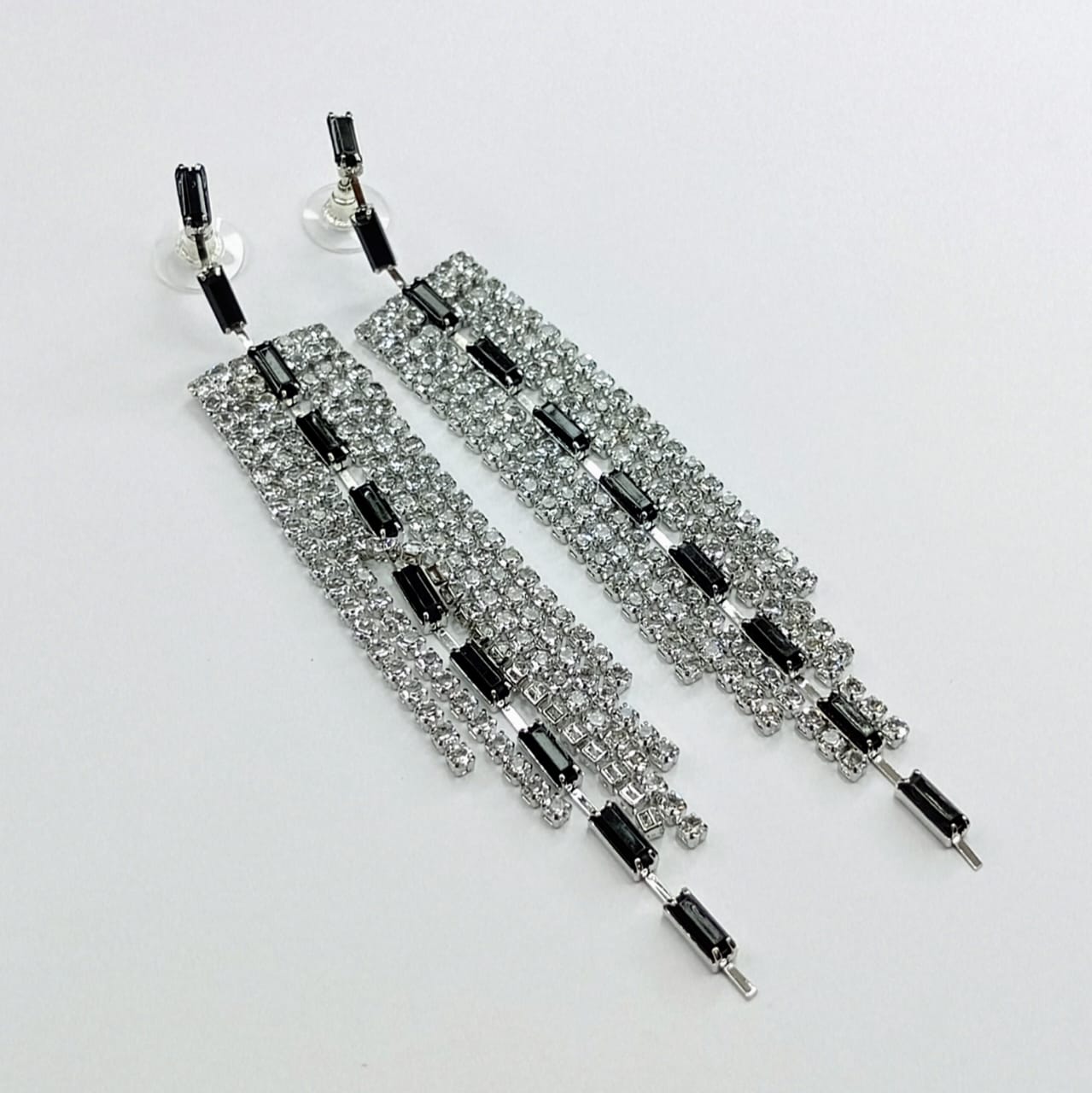 The Art Deco Cascade Drops | Long Crystal Fringe & Black Bar Accents