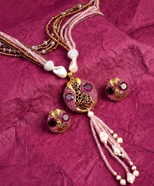 Regal Opulence | Rose Pink Crystal Beaded and Mop Mala Set (Gold-plated)