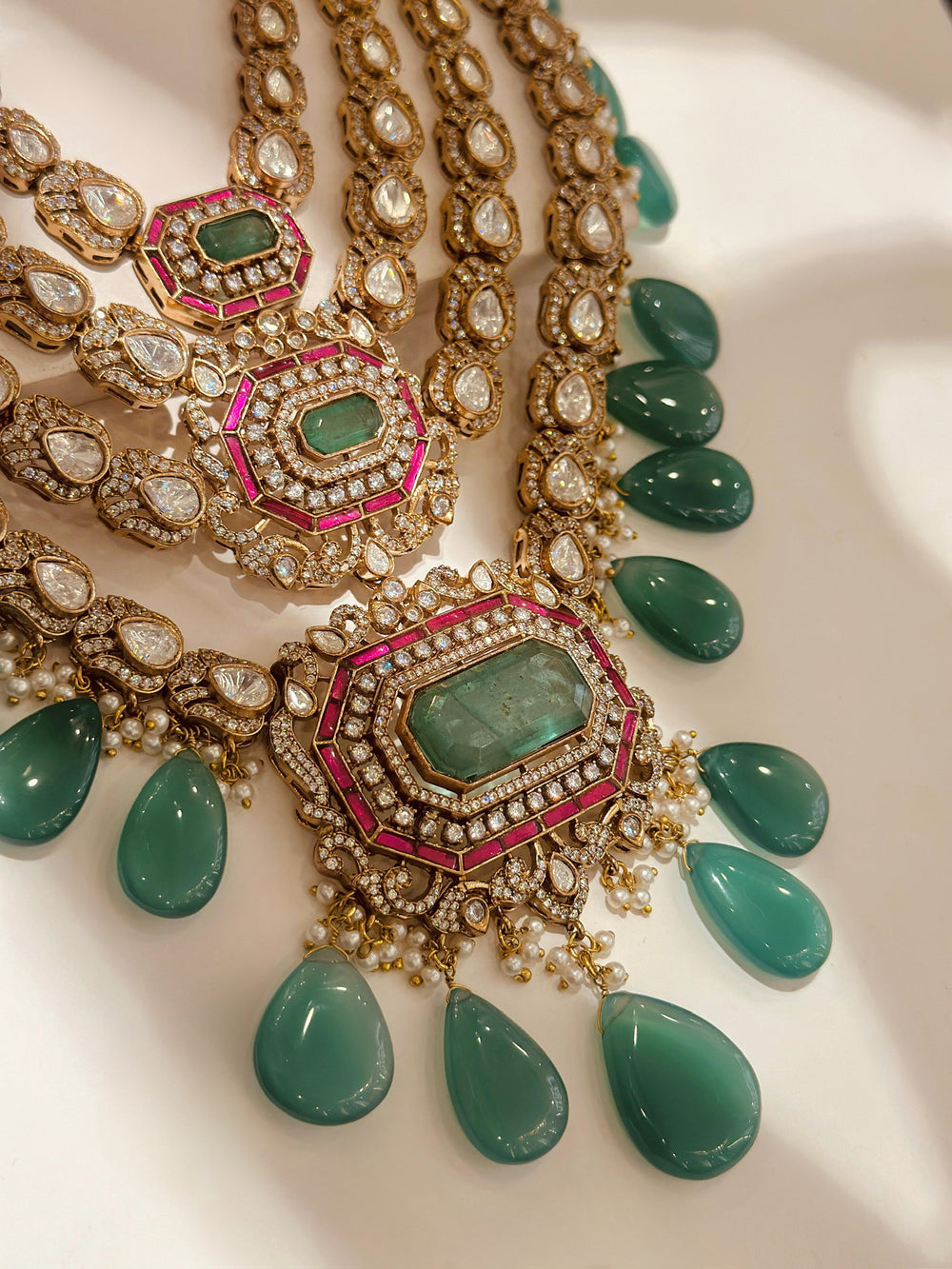 Saltanat Emerald Doublet and Ruby Four Layered Moissanite Necklace Set