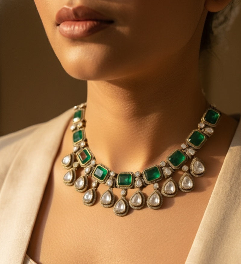 Emerald Doublet and Moissanite Necklace Set