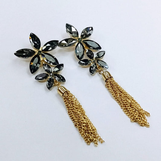 The Smoked Petal Tassel Drops | Floral Crystal & Chain Fringe
