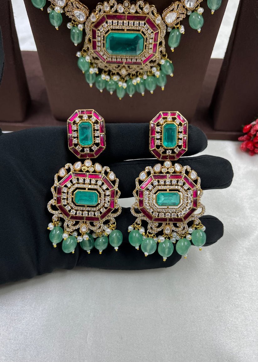 Nafasat Mint Doublet and Ruby Four Layered Moissanite Necklace Set