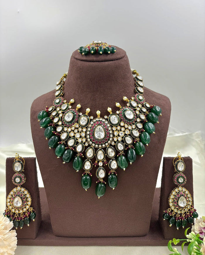 Shehzadi Emerald Meenakari Moissanite Polki Bridal Set
