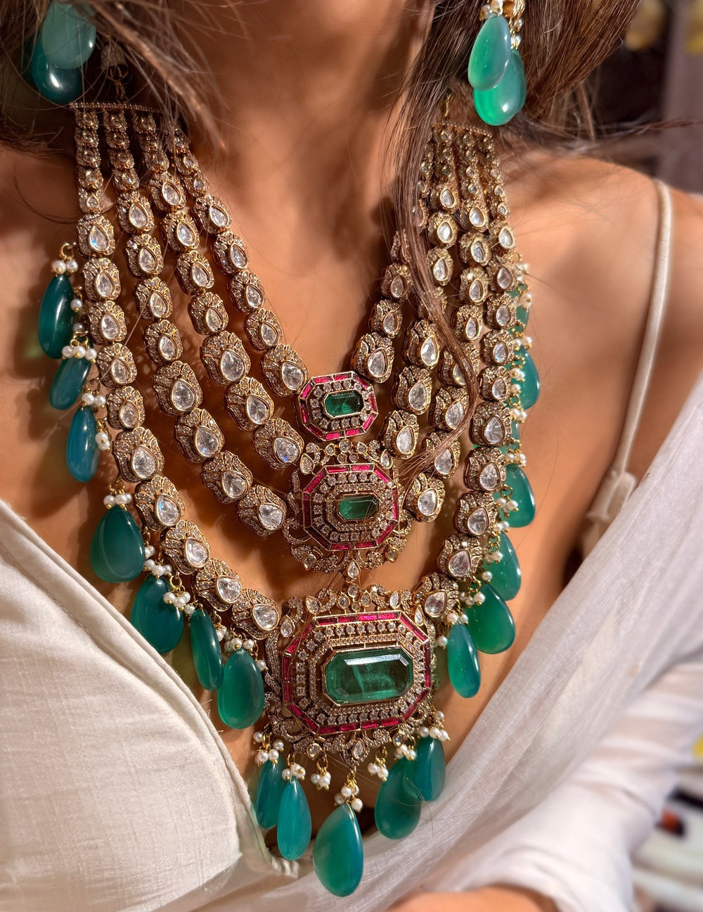 Saltanat Emerald Doublet and Ruby Four Layered Moissanite Necklace Set